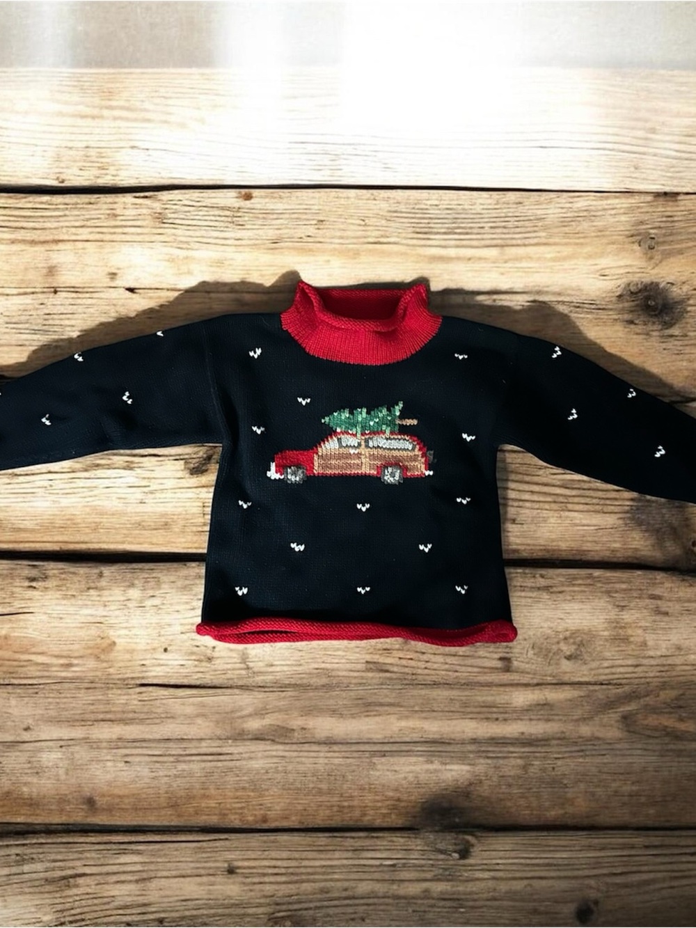 Kids Navy Blue Holiday Sweater with Red Trim